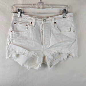 Levi’s 501 Womens 28 White Denim Shorts High Rise Button Fly Cutoff Distressed